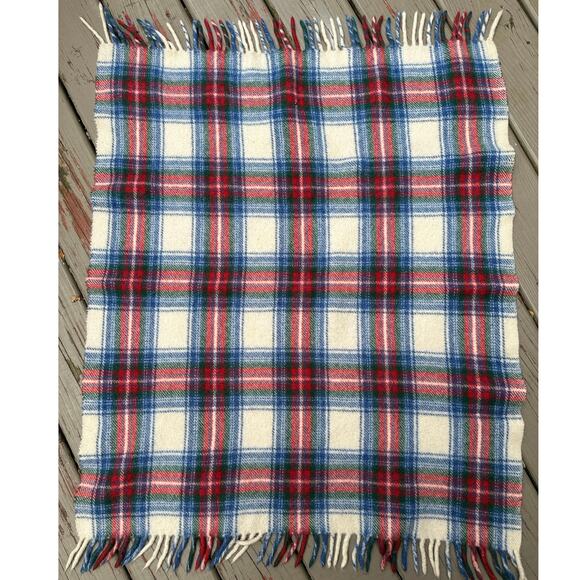 Vintage Wool Tartan Plaid Throw Stadium Blanket blue red white 38x32” Fringed - Picture 3 of 11